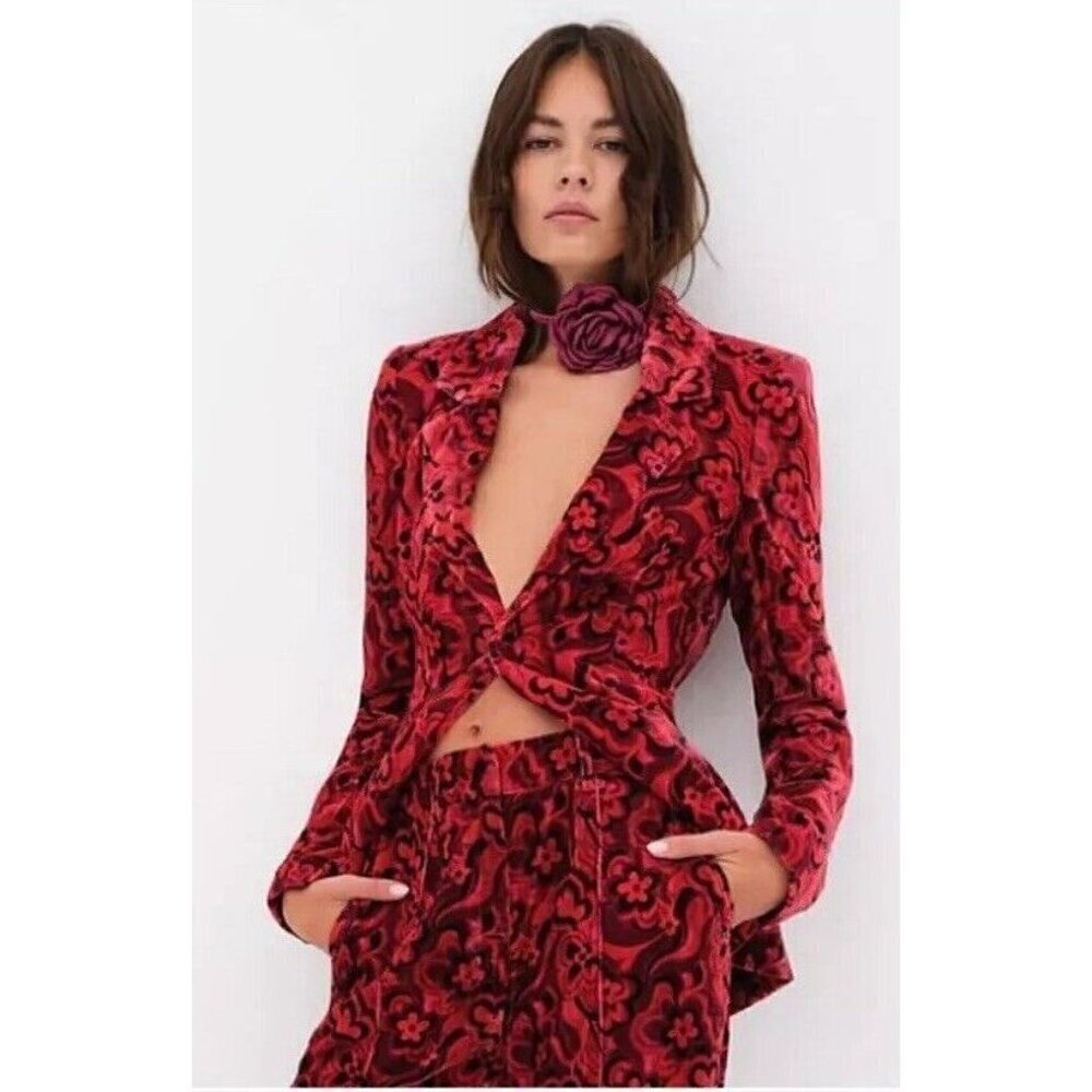 NWT For Love & Lemons Penny Blazer Velvet Red Floral Size Small